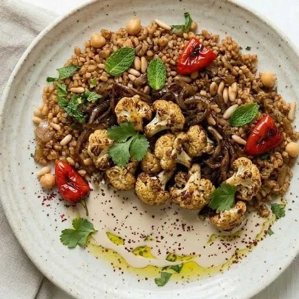 Roasted Cauliflower Musakhan-Style With Broken Wheat And Tahini Drizzle